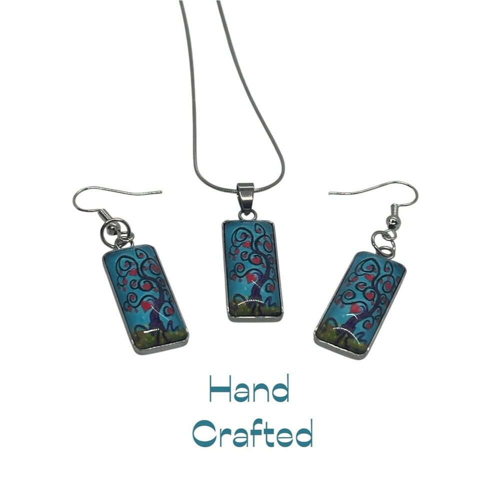 Hand Crafted Blue Red Black Tree Rectangle Pendant Necklace Earrings Set NWT